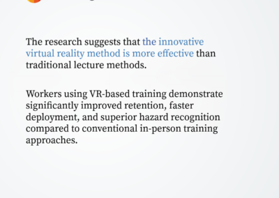 Slide stating research suggests VR training is more effective than traditional lecture methods, with a prompt to view key findings.